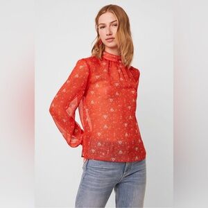 French Connection Victorian Meadow High-Neck Floral Blouse Red, Size XXS